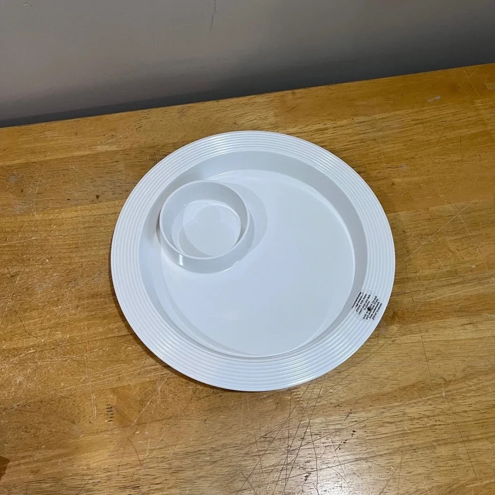 Nora Fleming Melamine Pinstripe‎ Round Platter with Dip Bowl White 13 inch
